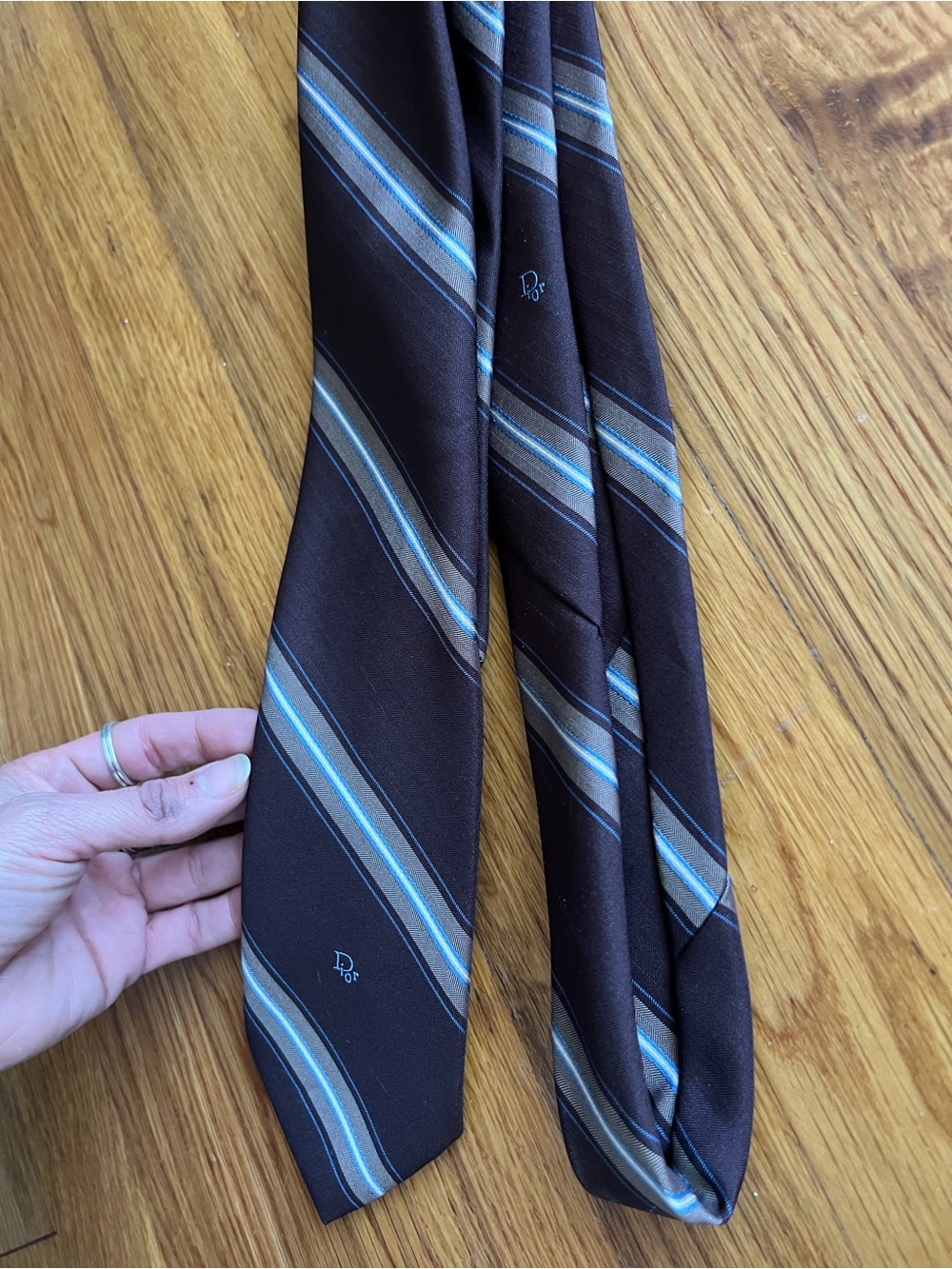 Christian Dior Made in Italy Brown Silk Tie with Blue Stripes - Picture 3 of 3
